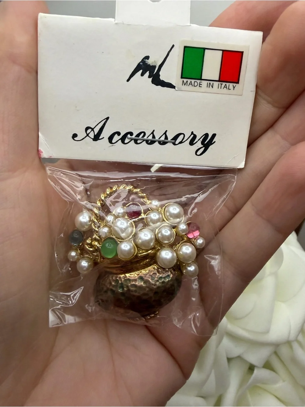 Made in Italy Pearl Cluster Basket Brooch - Gold Tone with Multicolor Gems